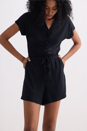 V neck Drawstring Knit Romper in Black from Reistor