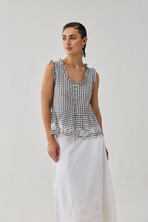 Embroidered Peplum Top in Grey Check from Reistor