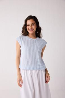Button-Back Crew Neck Top in Blue Stripes via Reistor