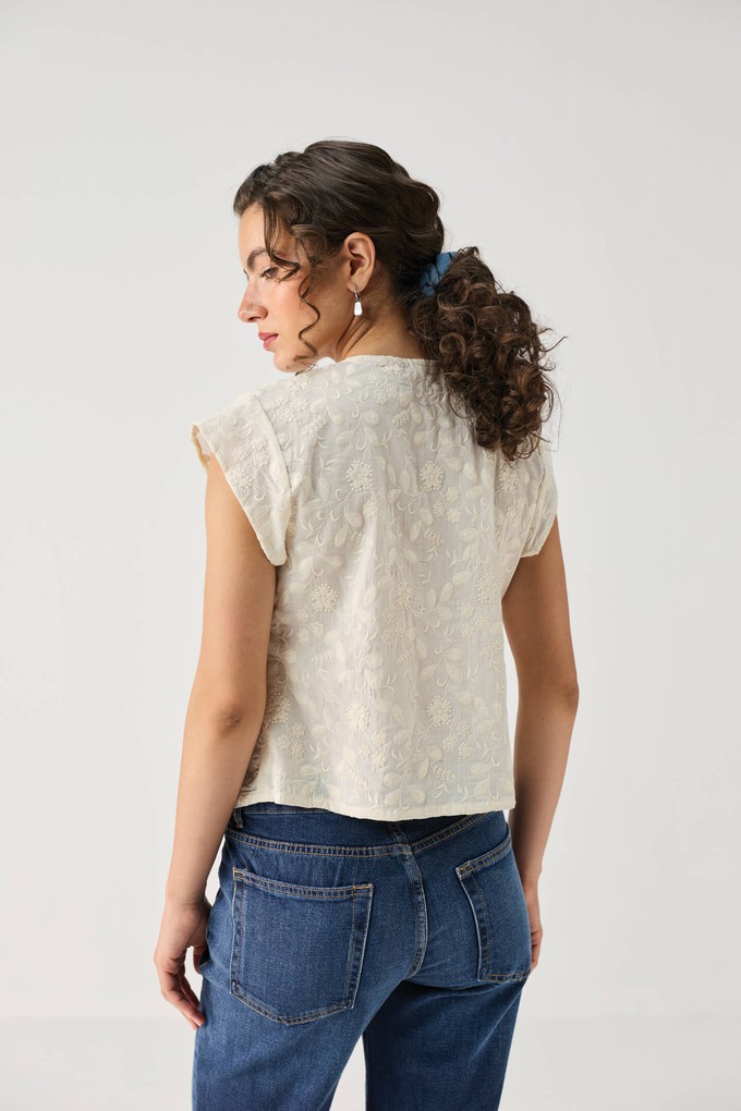 Embroidered Deep V Neck Top in Cream from Reistor
