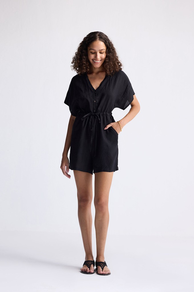 V neck Drawstring Romper in Black from Reistor