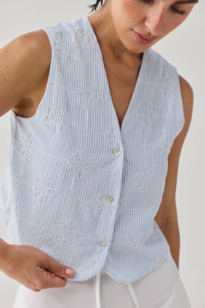 Embroidered Sleeveless Vest Top in Blue Stripe from Reistor
