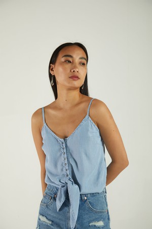 Pool Day Tan Lines Denim Top in Striped Denim from Reistor