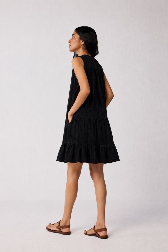 Embroidered Everyday Sleeveless Short Tiered Dress in Black from Reistor