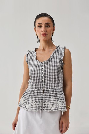 Embroidered Peplum Top in Grey Check from Reistor