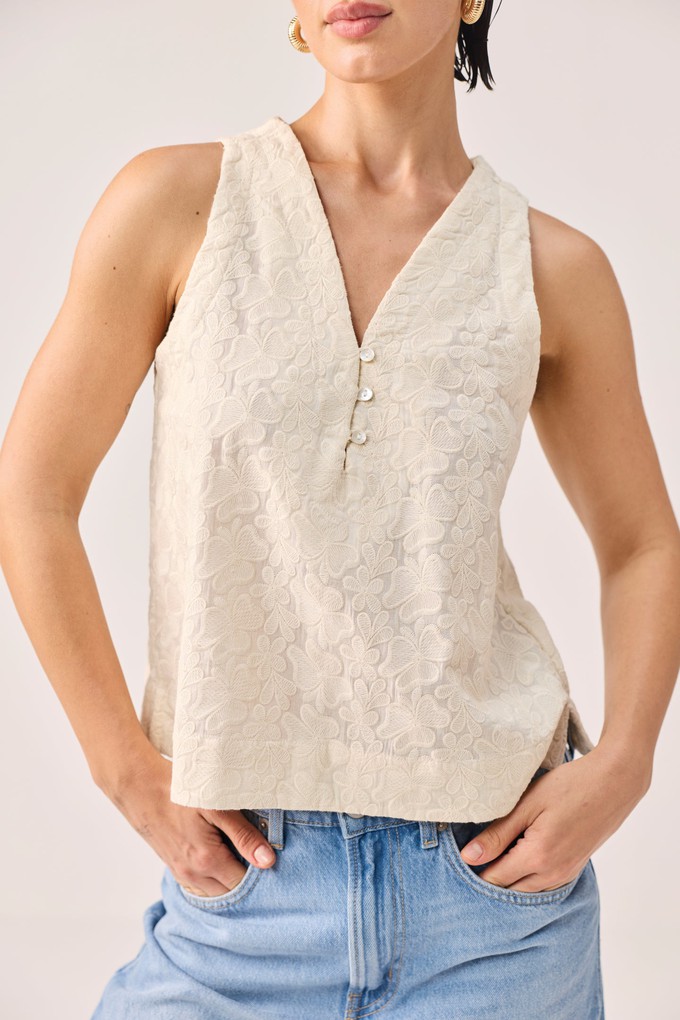 Embroidered Button Front Neck Top in Cream from Reistor