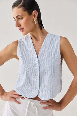 Embroidered Sleeveless Vest Top in Blue Stripe from Reistor