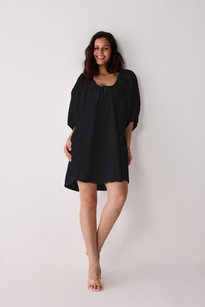 Puff Sleeved Dress with Drawstring Neckline in Black from Reistor