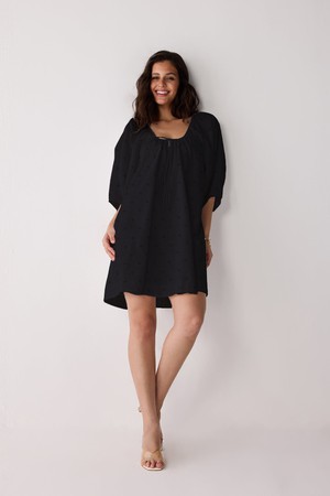 Puff Sleeved Dress with Drawstring Neckline in Black from Reistor