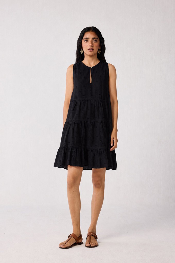 Embroidered Everyday Sleeveless Short Tiered Dress in Black from Reistor