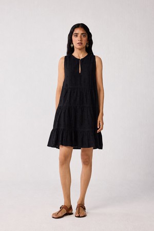 Embroidered Everyday Sleeveless Short Tiered Dress in Black from Reistor
