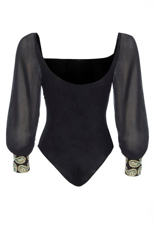 Black Mesh Bodysuit Long Sleeve from Sarvin