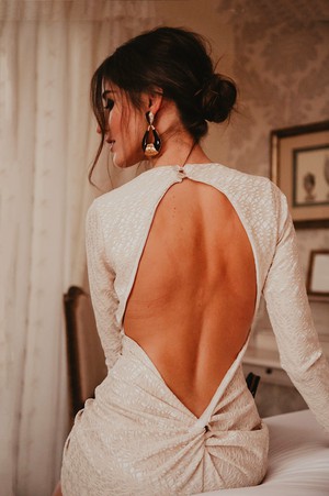 Ivory Long Sleeve Backless Dress from Sarvin