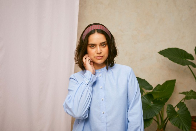 Marie A-Line Blouse With Gathered Neck, Blue Recycled Cotton from Saywood.