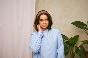 Marie A-Line Blouse With Gathered Neck, Blue Recycled Cotton from Saywood.
