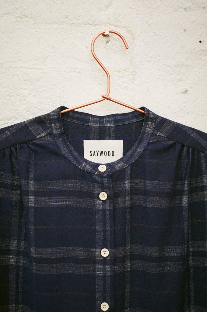 Rosa Puff Sleeve Shirtdress, Navy Check Deadstock Cotton from Saywood.