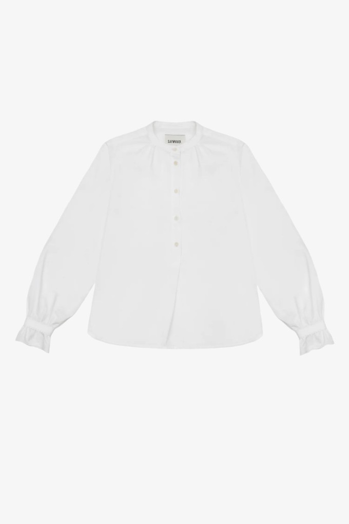 Marie Gather Neck A-Line Blouse, White Recycled Cotton from Saywood.