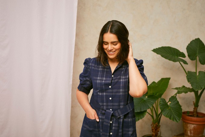 Rosa Puff Sleeve Shirtdress, Navy Check Deadstock Cotton from Saywood.