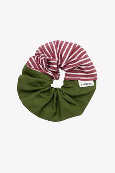 Patchwork Scrunchie, Olive Green & Berry Red Stripe via Saywood.