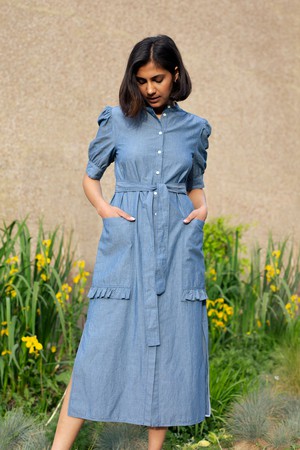 Rosa Puff Sleeve Shirtdress, Blue Light Wash Japanese Denim from Saywood.