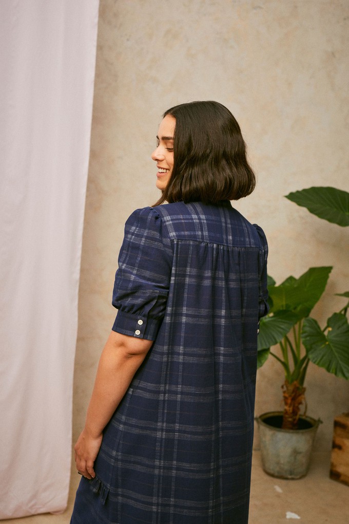 Rosa Puff Sleeve Shirtdress, Navy Check Deadstock Cotton from Saywood.