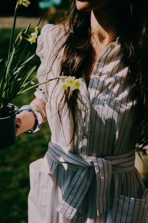 Rosa Puff Sleeve Shirtdress, White Cotton Pinstripe from Saywood.