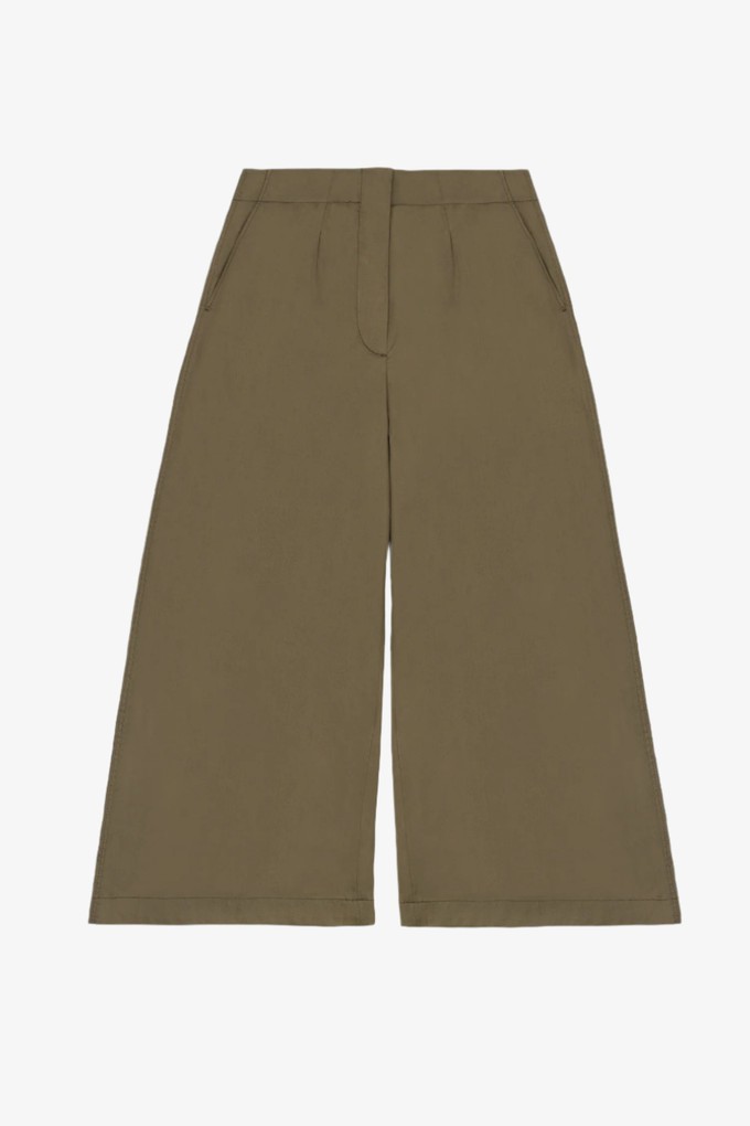 Amelia Wide Leg Culotte Trouser, Khaki Deadstock Cotton from Saywood. Amelia Wide Leg Culotte Trouser, Khaki Deadstock Cotton from Saywood.