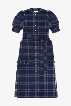 Rosa Puff Sleeve Shirtdress, Navy Check Deadstock Cotton via Saywood.