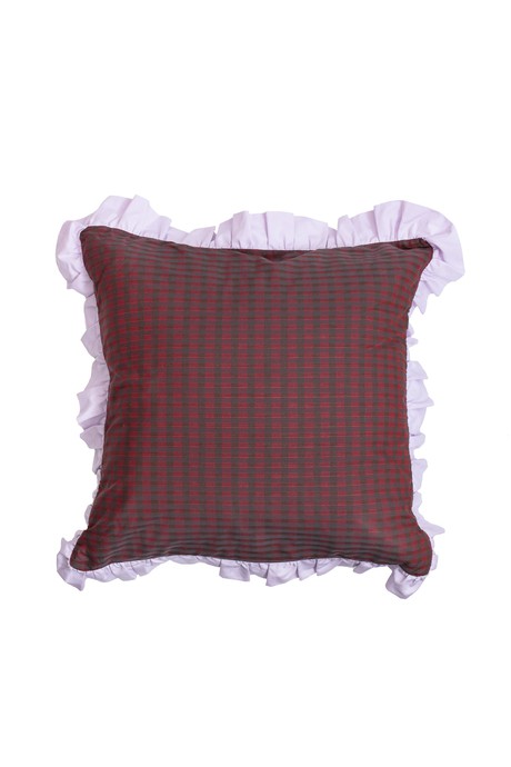Ruffle Cushion, Zero Waste, Red Check / Lilac from Saywood.