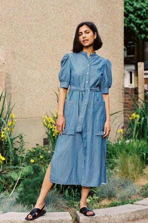 Rosa Puff Sleeve Shirtdress, Blue Light Wash Japanese Denim from Saywood.