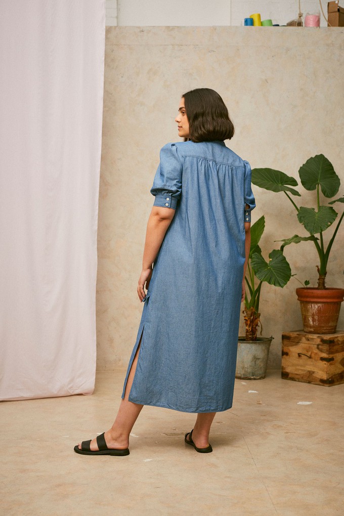 Rosa Puff Sleeve Shirtdress, Blue Light Wash Japanese Denim from Saywood.