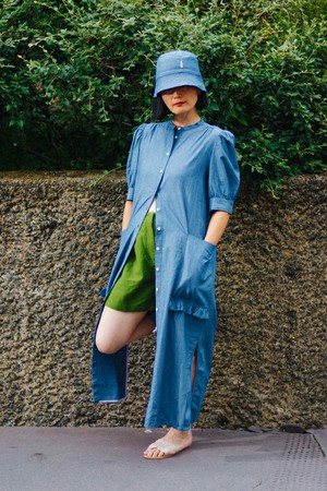 Rosa Puff Sleeve Shirtdress, Blue Light Wash Japanese Denim from Saywood.