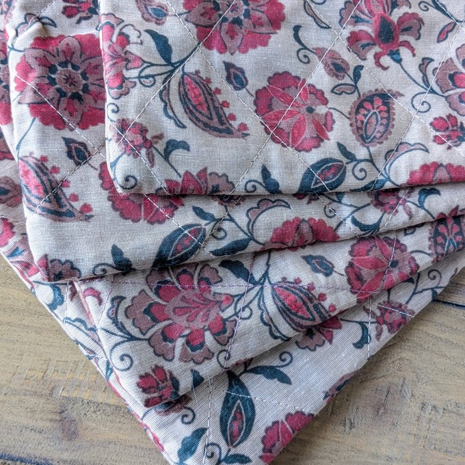 Quilted Sari Pouches: Beige Floral Pattern with Colourful Zipper from Shakti.ism