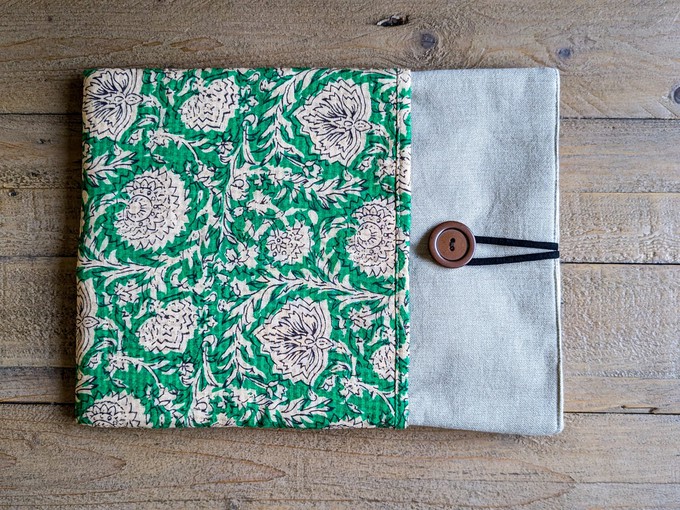 Handmade book/ e-reader / tablet sleeve with pocket, Nepali cotton from Shakti.ism