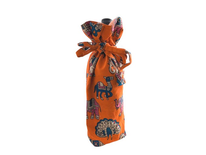 Reusable Kalamkari Cotton Pouch, Bottle Gift Bag, Orange from Shakti.ism
