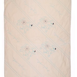 Embroidered, 100% cotton kantha baby blanket in pink and white elephant design by Khushi Kantha from Shakti.ism