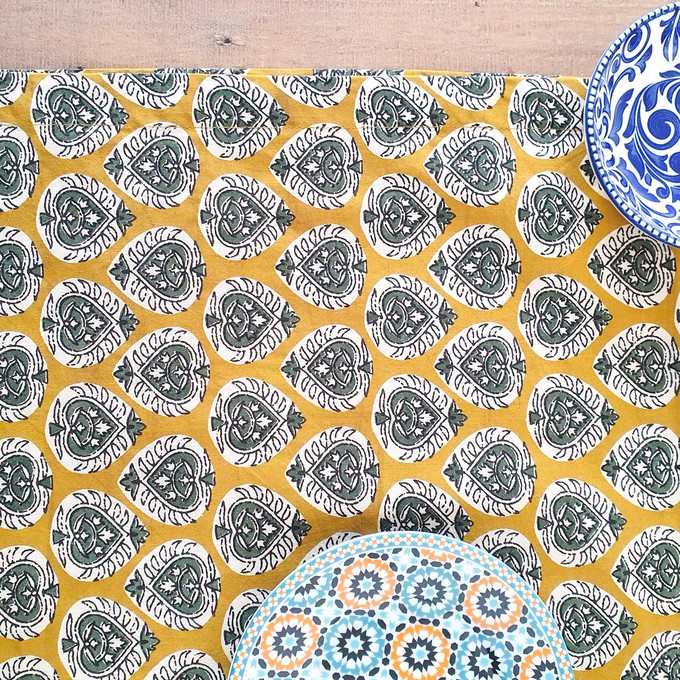 Bagru block-printed table runner, yellow paisley from Shakti.ism