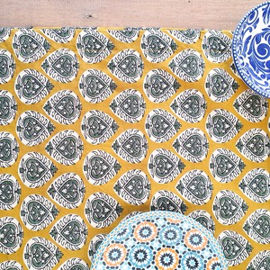 Bagru block-printed table runner, yellow paisley from Shakti.ism