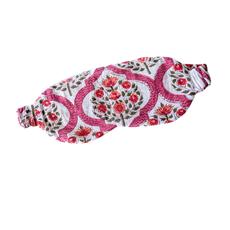 Pink block printed cotton sleep eye mask with drawstring pouch, ethically handmade in India via Shakti.ism