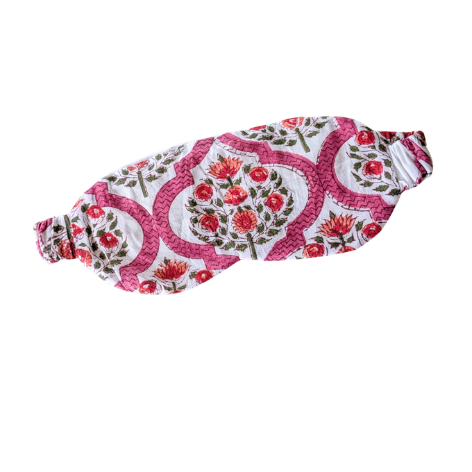 Pink block printed cotton sleep eye mask with drawstring pouch, ethically handmade in India from Shakti.ism