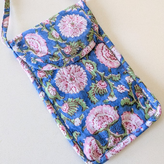 Blue Block-Printed Crossbody Mobile Phone Cell Phone Bag With Slim Pocket from Shakti.ism