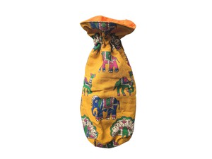 Reusable Kalamkari Cotton Pouch, Bottle Gift Bag, Yellow from Shakti.ism