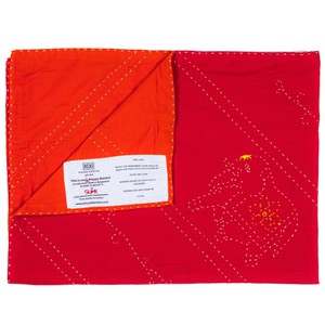 Embroidered, 100% cotton kantha baby blanket in red and orange elephant design by Khushi Kantha from Shakti.ism