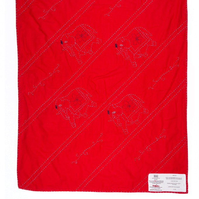 Embroidered, 100% cotton kantha baby blanket in red and white elephant design by Khushi Kantha from Shakti.ism