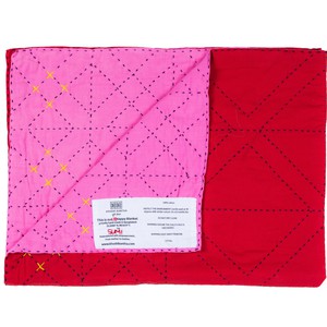 Embroidered, 100% cotton kantha baby blanket in pink and red geometric design by Khushi Kantha from Shakti.ism