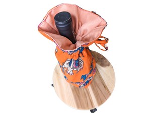 Reusable Kalamkari Cotton Pouch, Bottle Gift Bag, Orange from Shakti.ism