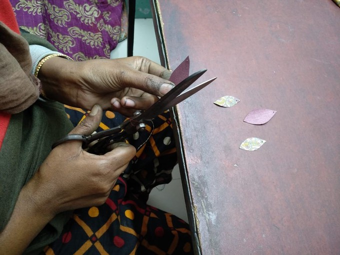 Handcrafted reclaimed sari earrings, copper leaf earrings from Shakti.ism