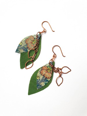 Handcrafted reclaimed sari earrings, copper leaf earrings from Shakti.ism