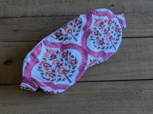 Pink block printed cotton sleep eye mask with drawstring pouch, ethically handmade in India from Shakti.ism