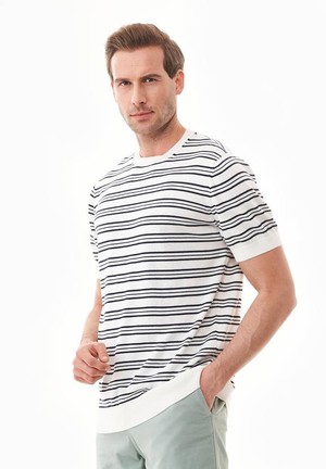 T-Shirt With Stripes Fine Knit Off White & Navy Blue from Shop Like You Give a Damn